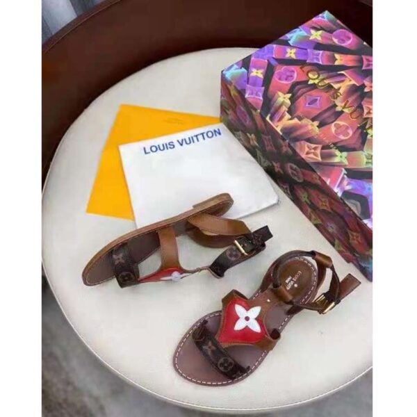 Louis Vuitton LV Women Game On Playful Flat Sandal Cognac Brown Calf Leather Monogram Canvas (7)