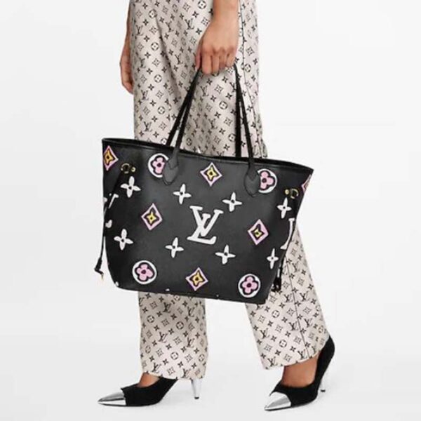 Louis Vuitton LV Women Neverfull MM Tote Black Monogram Coated Canvas Cowhide Leather (10)