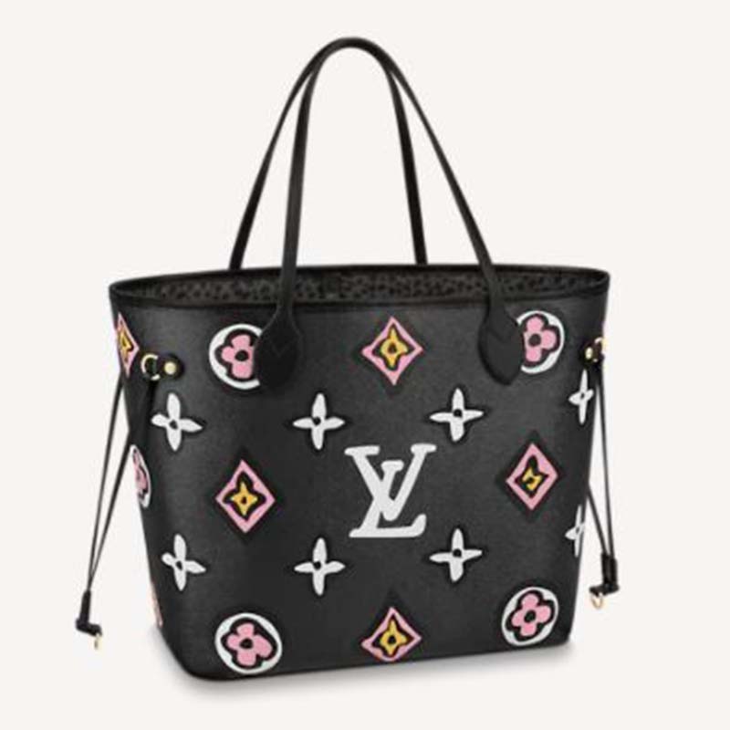 Louis Vuitton LV Women Neverfull MM Tote Black Pink Grained Cowhide Leather  - LULUX