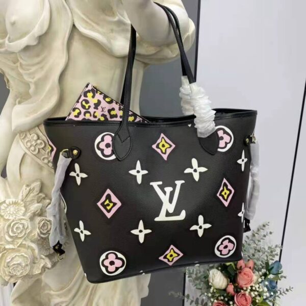 Louis Vuitton LV Women Neverfull MM Tote Black Monogram Coated Canvas Cowhide Leather (13)