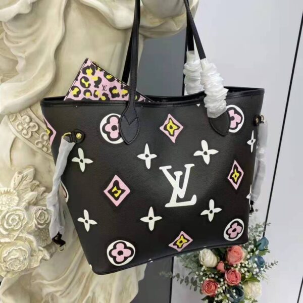 Louis Vuitton LV Women Neverfull MM Tote Black Monogram Coated Canvas Cowhide Leather (14)