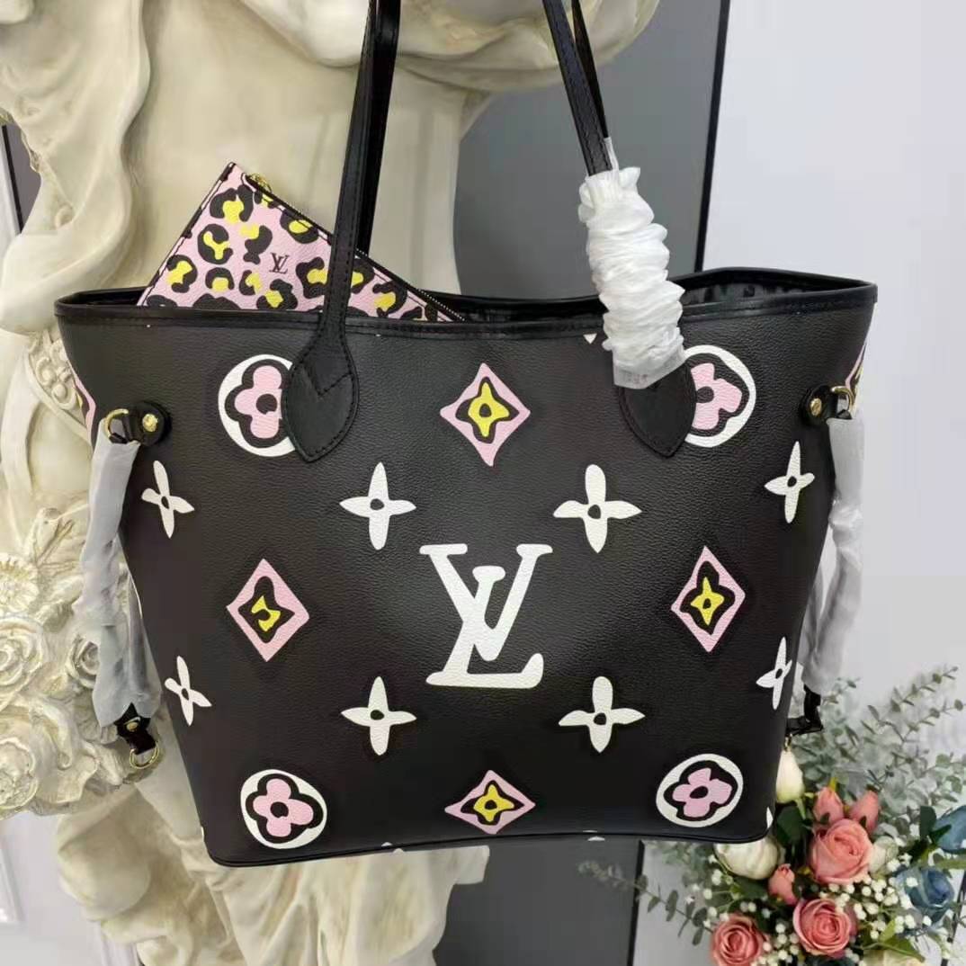 Louis Vuitton LV Women Neverfull MM Tote Black Pink Grained Cowhide Leather  - LULUX