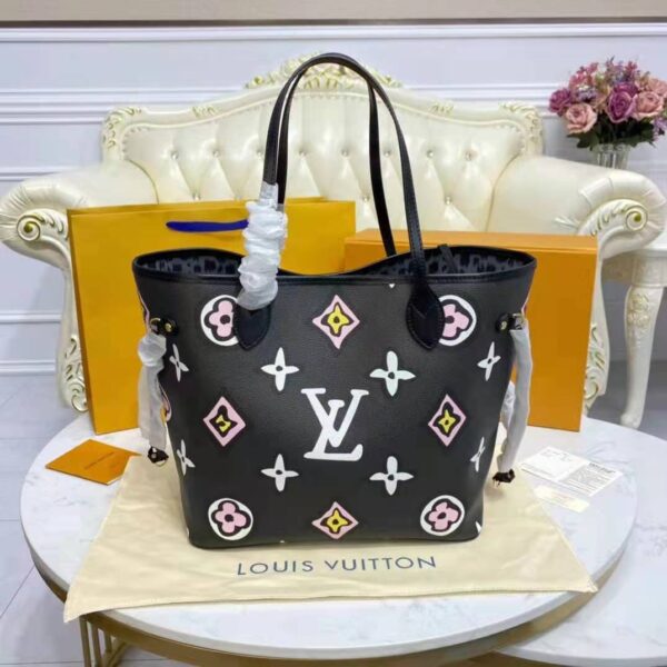 Louis Vuitton LV Women Neverfull MM Tote Black Monogram Coated Canvas Cowhide Leather (3)