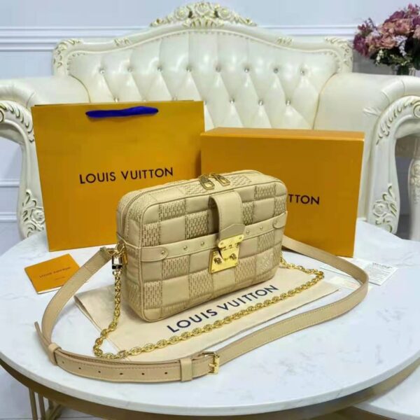 Louis Vuitton LV Women Pochette Troca Handbag Cashmere Beige Damier Quilt Lamb Leather (9)