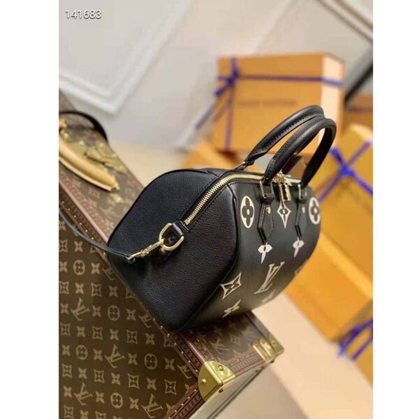 Louis Vuitton LV Women Speedy Bandoulière 25 Handbag Black Beige Embossed Grained Cowhide (10)