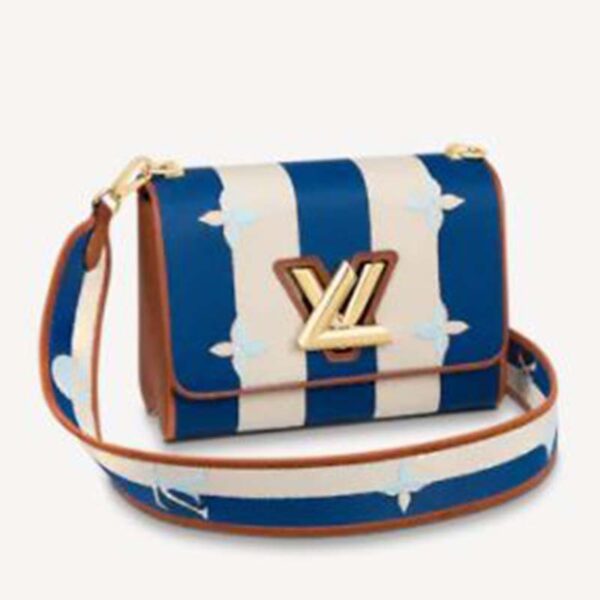 Louis Vuitton LV Women Twist MM Handbag Blue Embroidered Canvas Calf Leather