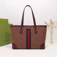 Gucci Unisex Ophidia Medium Tote with Web Beige and Burgundy Original GG Canvas