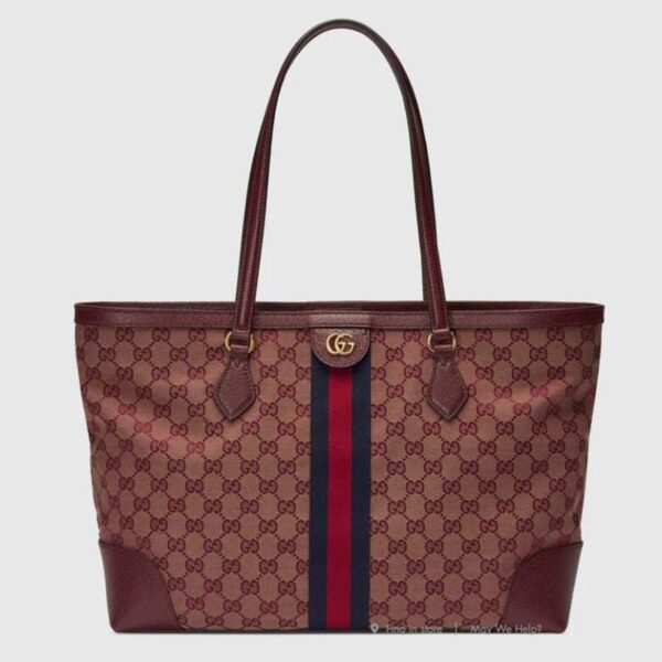 Gucci Unisex Ophidia Medium Tote with Web Beige and Burgundy Original GG Canvas