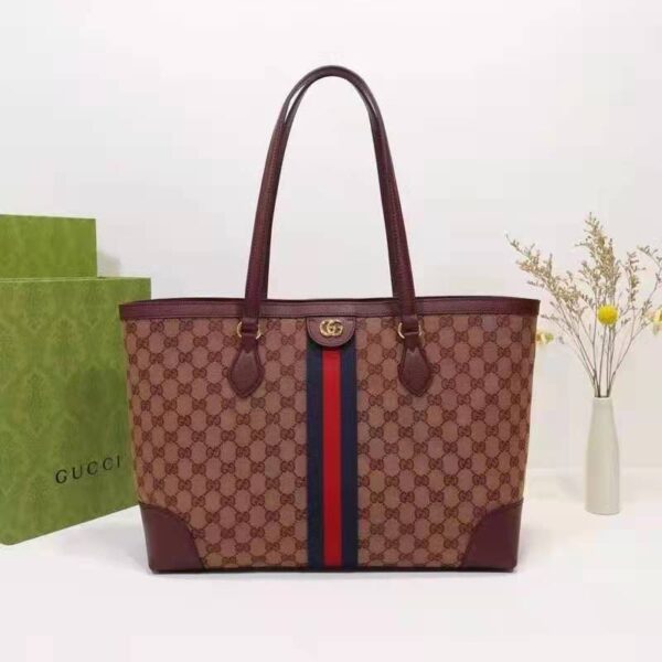 Gucci Unisex Ophidia Medium Tote with Web Beige and Burgundy Original GG Canvas (9)