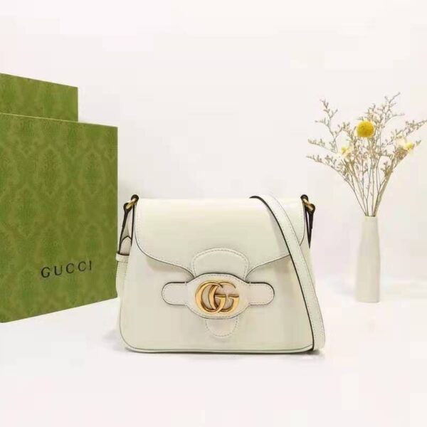 Gucci Unisex Small Messenger Bag with Double G White Leather Antique Gold-Toned Hardware (3)