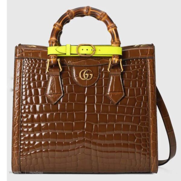 Gucci Women Gucci Diana Small Crocodile Tote Bag Double G Brown Crocodile