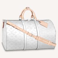 Louis Vuitton LV Unisex Keepall Bandoulière 50 Bag Monogram Mirror Coated Canvas Natural Cowhide