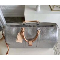 Louis Vuitton LV Unisex Keepall Bandoulière 50 Bag Monogram Mirror Coated Canvas Natural Cowhide