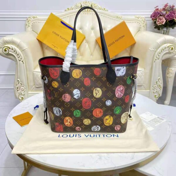 Louis Vuitton LV Unisex Neverfull MM Tote Monogram Cameo Printed Canvas Cowhide Leather (8)