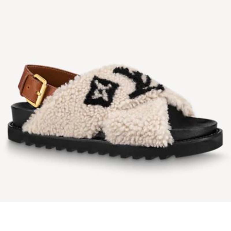 LOUIS VUITTON Shearling Bom Dia Flat Mules 41 Beige 784289