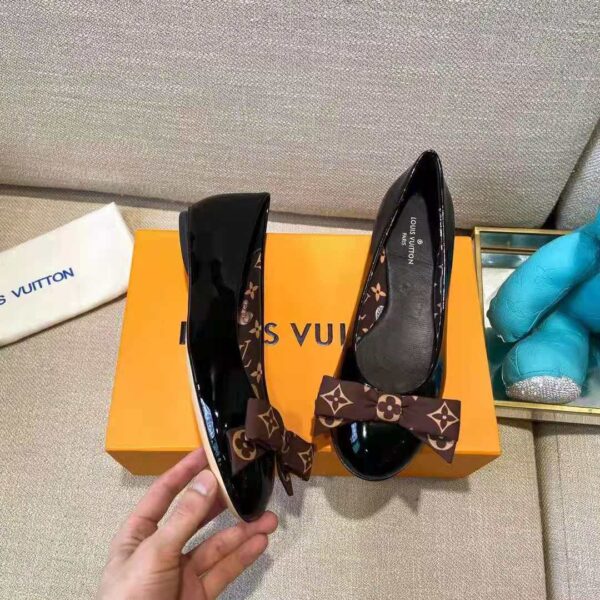 Louis Vuitton LV Women Popi Flat Ballerina Black Patent Calf Leather Monogram Nylon Bow (4)