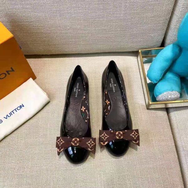 Louis Vuitton LV Women Popi Flat Ballerina Black Patent Calf Leather Monogram Nylon Bow (6)