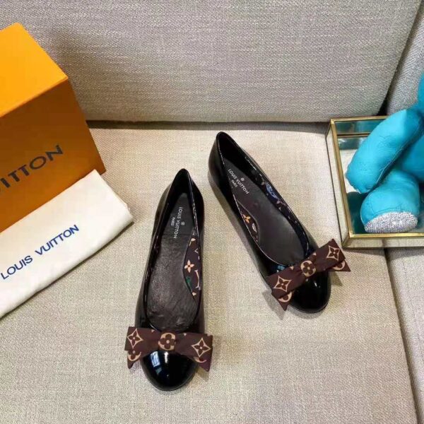 Louis Vuitton LV Women Popi Flat Ballerina Black Patent Calf Leather Monogram Nylon Bow (7)