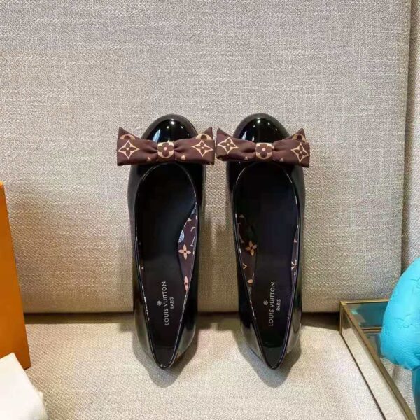 Louis Vuitton LV Women Popi Flat Ballerina Black Patent Calf Leather Monogram Nylon Bow (9)