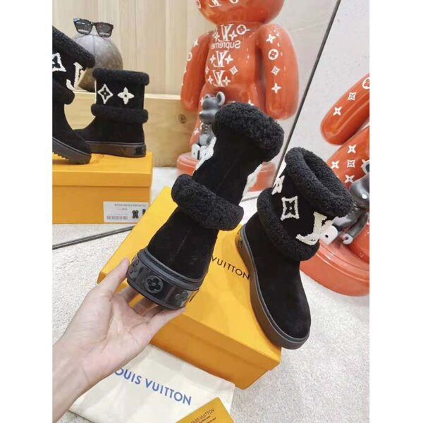 Louis Vuitton LV Women Snowdrop Flat Ankle Boot Cognac Black Suede Calf Shearling (10)