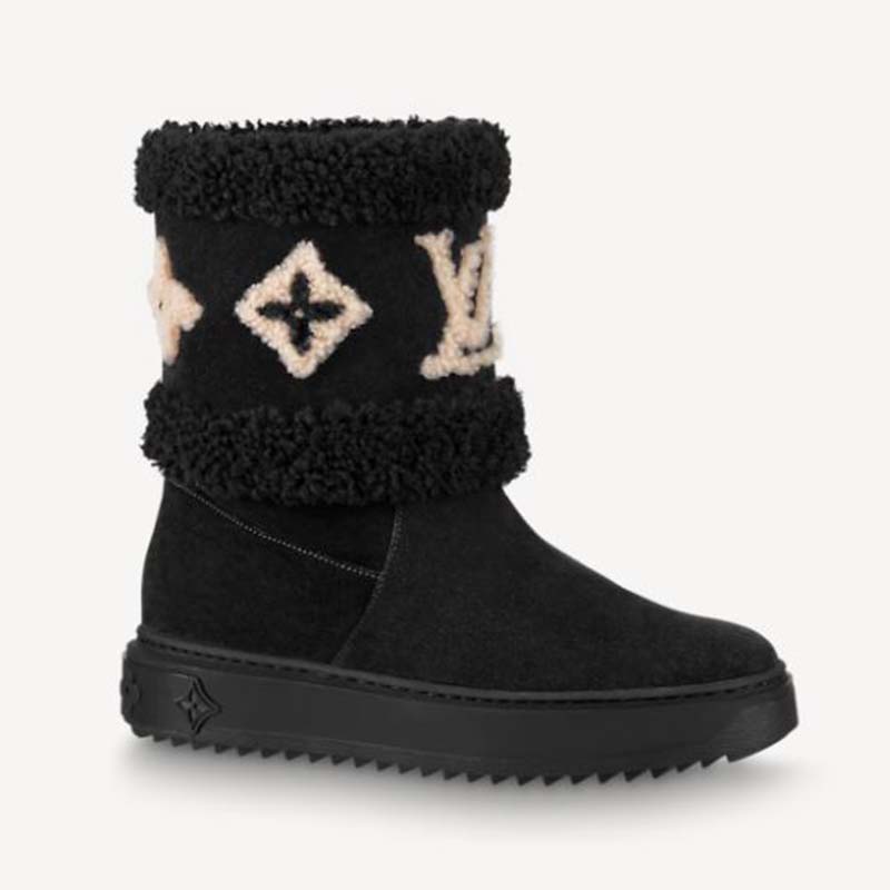 Louis Vuitton Glaciere Black Suede Ankle Boots Trimmed in Black Rabbit Fur