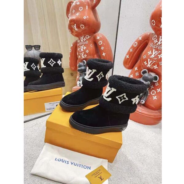 Louis Vuitton LV Women Snowdrop Flat Ankle Boot Cognac Black Suede Calf Shearling (3)