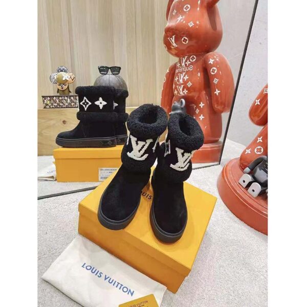 Louis Vuitton LV Women Snowdrop Flat Ankle Boot Cognac Black Suede Calf Shearling (4)