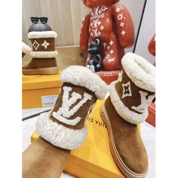 Louis Vuitton LV Women Snowdrop Flat Ankle Boot Cognac Brown Suede Calf Shearling (1)