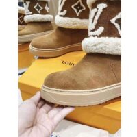 Louis Vuitton LV Women Snowdrop Flat Ankle Boot Cognac Brown Suede Calf Shearling