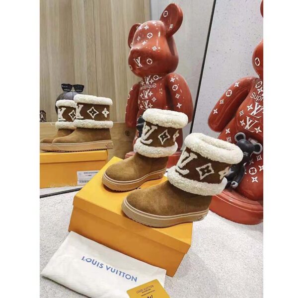 Louis Vuitton LV Women Snowdrop Flat Ankle Boot Cognac Brown Suede Calf Shearling (3)