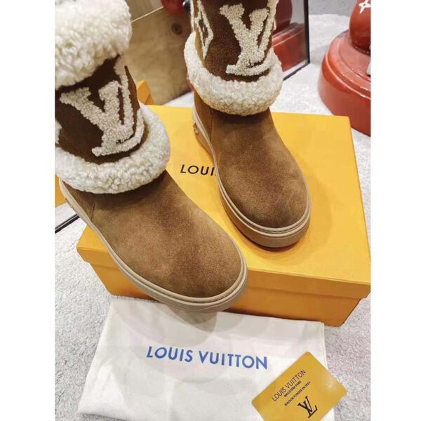 Louis Vuitton LV Women Snowdrop Flat Ankle Boot Cognac Brown Suede Calf Shearling (8)