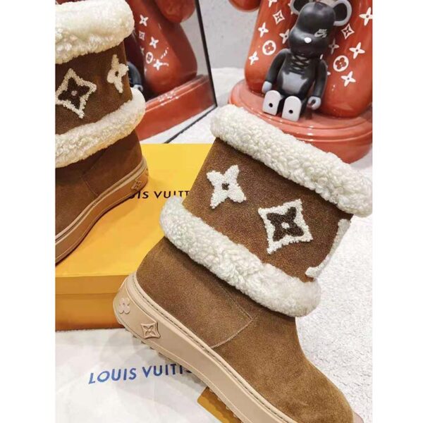 Louis Vuitton LV Women Snowdrop Flat Ankle Boot Cognac Brown Suede Calf Shearling (9)