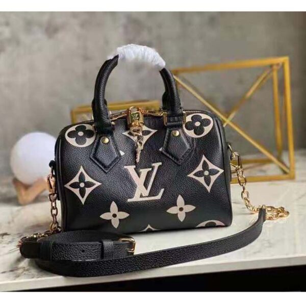 Louis Vuitton Women Speedy Bandoulière 25 Handbag Black Beige Embossed Grained Cowhide Leather (3)