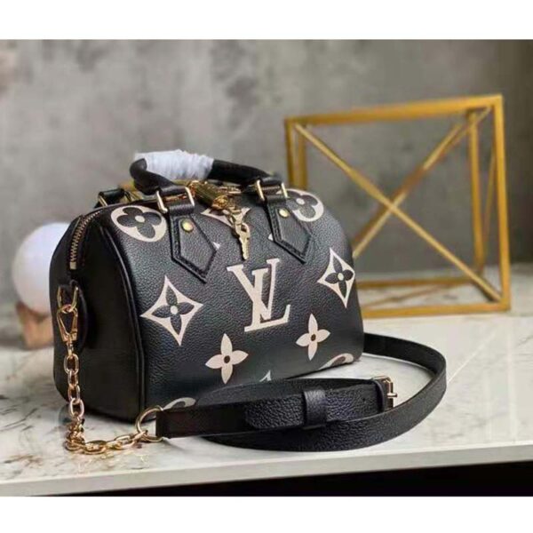 Louis Vuitton Women Speedy Bandoulière 25 Handbag Black Beige Embossed Grained Cowhide Leather (4)