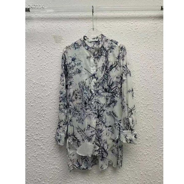 Dior Women Long Blouse Navy Blue Cotton Voile Bees Flowers (3)