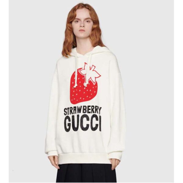 Gucci GG Women Strawberry Gucci Cotton Sweatshirt Fixed Hood Oversize Fit