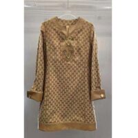 Gucci Women GG Linen Canvas Kaftan Beige Ebony Leather Toggle Chain