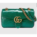 Gucci Donna GG Marmont Crocodile Piccola Borsa a Spalla Verde Doppia G
