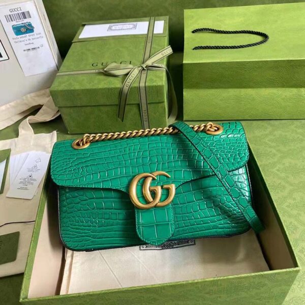 Gucci Women GG Marmont Crocodile Small Shoulder Bag Green Double G (6)