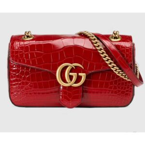 Gucci Women GG Marmont Crocodile Small Shoulder Bag Red Double G