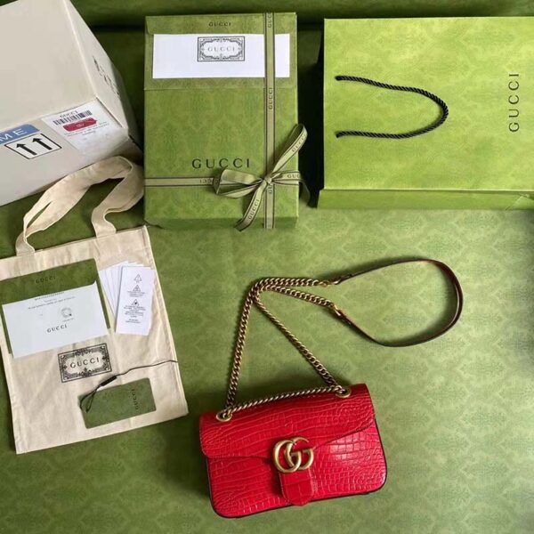 Gucci Women GG Marmont Crocodile Small Shoulder Bag Red Double G (8)