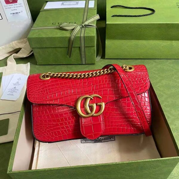 Gucci Women GG Marmont Crocodile Small Shoulder Bag Red Double G (9)