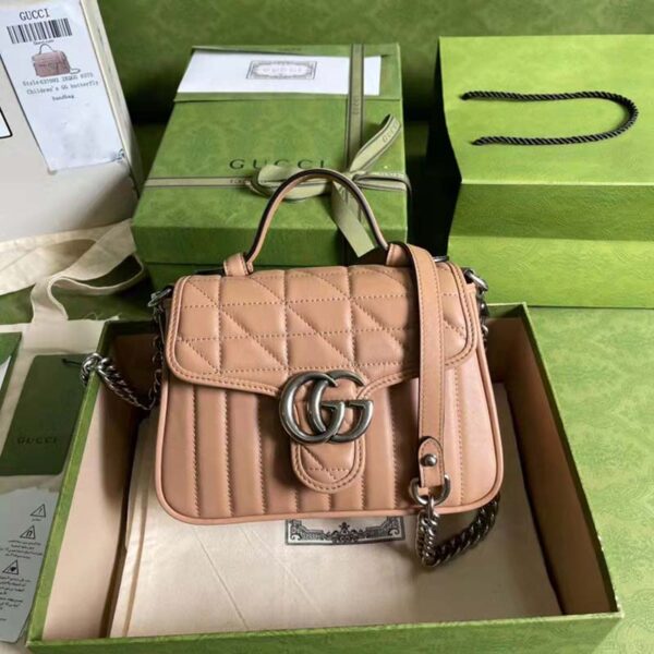 Gucci Women GG Marmont Mini Top Handle Bag Beige Matelassé Leather (6)