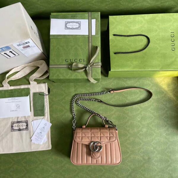 Gucci Women GG Marmont Mini Top Handle Bag Beige Matelassé Leather (9)