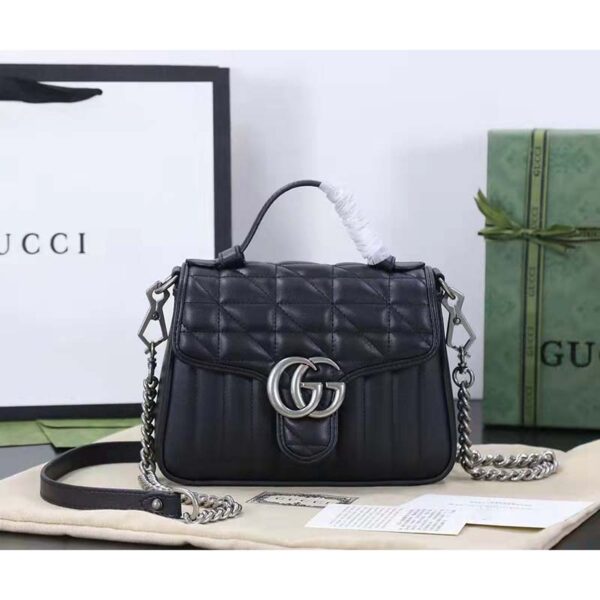 Gucci Women GG Marmont Mini Top Handle Bag Black Matelassé Leather (1)
