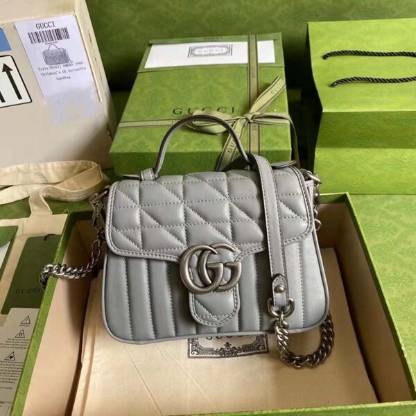 Gucci Women GG Marmont Mini Top Handle Bag Grey Matelassé Leather (10)