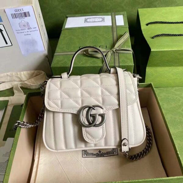 Gucci Women GG Marmont Mini Top Handle Bag White Matelassé Leather (1)