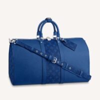 Louis Vuitton LV Unisex Keepall Bandoulière 50 Blue Taiga Cowhide Leather Monogram Eclipse Coated Canvas