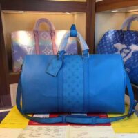 Louis Vuitton LV Unisex Keepall Bandoulière 50 Blue Taiga Cowhide Leather Monogram Eclipse Coated Canvas