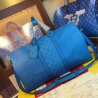 Louis Vuitton LV Unisex Keepall Bandoulière 50 Blue Taiga Cowhide Leather Monogram Eclipse Coated Canvas